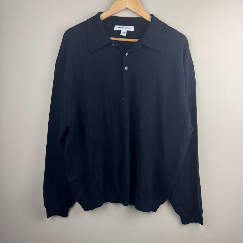 Pronto‎ Uomo Mens Black 100% Merino Wool Long Sleeve Polo Sweater XL